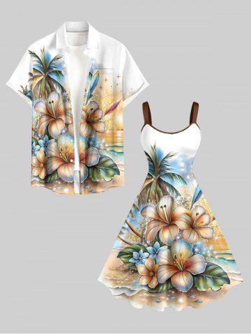 Ensemble de plage hawaïen assorti grandes tailles pour couples, motif feuille tropicale pailletée, cocotier et fleurs d'hibiscus, imprimé marin
