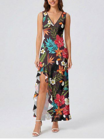 Tropical Leaf Hibiscus Flower Print Hawaii Ruffles Split Dress - DEEP COFFEE - L