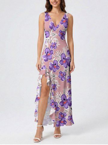 Tropical Leaf Hibiscus Flower Print Hawaii Ruffles Split Dress - ROSE - XL
