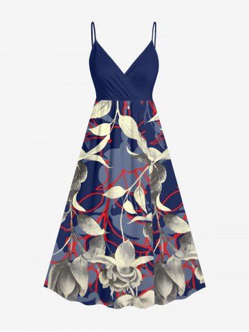 Plus Size Leaf Flower Branch Print Hawaii Surplice A Line Cami Dress - MIDNIGHT BLUE - XXS