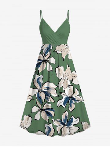 Flowers Watercolor Print Surplice Hawaii Cami Dress