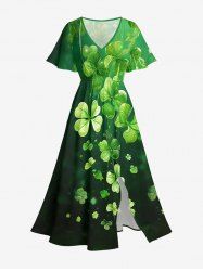 Four Leaf Clover Print St. Patrick's Day Split Pocket A Line Midi Dress -  
