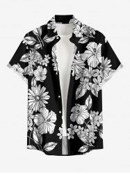 Plus Size Leaf Hibiscus Flower Print Hawaii Button Pocket Shirt For Men - Noir 4XL