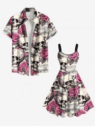 Skull Rose Flower Music Symbol Print Plus Size Matching Hawaii Beach Outfit For Couples -  
