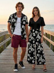 Ensemble de plage hawaïen assorti pour couples, imprimé feuilles tropicales et fleurs d'hibiscus, grandes tailles - Noir 