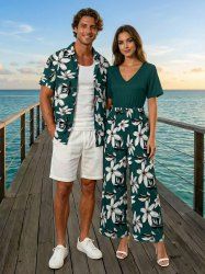Ensemble de plage hawaïen assorti grande taille à imprimé fleurs et feuilles pour couples - Turquoise Foncée 