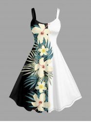 Hibiscus Flowers Tropical Leaf Print Hawaii Tank Dress - Blanc 5X