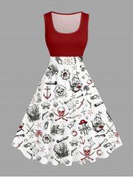 Skull Coconut Tree Ship Rudder Starfish Cruise Print 1950s Hawaii Vintage Dress -  