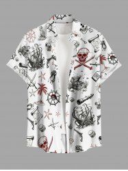 Skull Coconut Tree Ship Rudder Starfish Cruise Print Buttons Pocket Hawaii Shirt For Men -  
