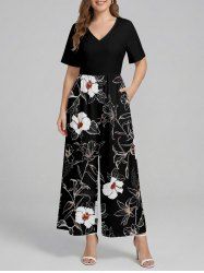 Hibiscus Flower Leaf Print V Neck Hawaii Wide Leg Jumpsuit -  
