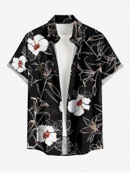 Plus Size Hibiscus Flower Leaf Print Buttons Pocket Hawaii Shirt For Men - Noir L