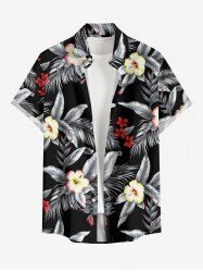 Plus Size Tropical Leaf Hibiscus Flower Print Hawaii Button Pocket Shirt For Men - Noir L