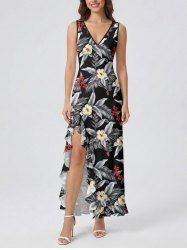 Tropical Leaf Hibiscus Flower Print Hawaii Ruffles Split Dress - Noir XXXL