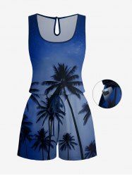 Plus Size Coconut Tree Ombre Night Print Hawaii Drawstring Pocket Romper - Bleu profond S