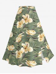 Plus Size Hibiscus Flower Leaf Print Split Hawaii Skirt - Vert clair 1X