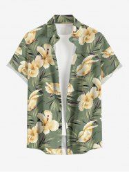 Hibiscus Flower Leaf Print Buttons Pocket Hawaii Shirt For Men -  