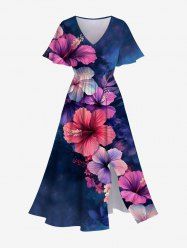 Plus Size Hibiscus Flower Print Split Hawaii Midi Dress -  
