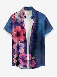 Plus Size Hibiscus Flower Print Buttons Pocket Hawaii Shirt For Men -  