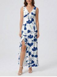 Flowers Leaf Tropical Print Hawaii Ruffles Split Surplice Dress -  