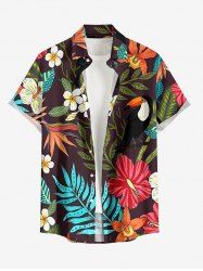 Tropical Leaf Hibiscus Flower Print Hawaii Button Pocket Shirt For Men - Café profond M