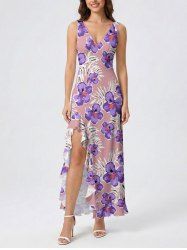 Tropical Leaf Hibiscus Flower Print Hawaii Ruffles Split Dress -  