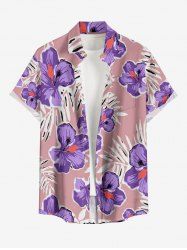 Plus Size Tropical Leaf Hibiscus Flower Print Hawaii Button Pocket Shirt For Men -  