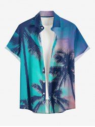 Plus Size Coconut Tree Ombre Sky Print Hawaii Button Pocket Shirt For Men -  