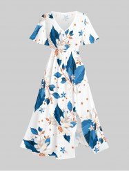 Leaf Flower Print Hawaii Split Pocket A Line Midi Dress - Paon Bleu 3X