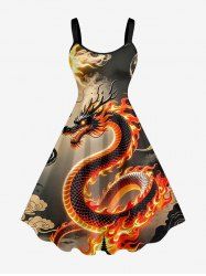 Plus Size Dragon Fire Flame Print A Line Dress - café lumière 1X