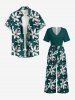 Ensemble de plage hawaïen assorti grande taille à imprimé fleurs et feuilles pour couples - Turquoise Foncée 