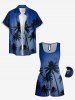 Plus Size Coconut Tree Ombre Night Print Hawaii Drawstring Pocket Romper - Bleu profond S