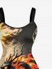 Plus Size Dragon Fire Flame Print A Line Dress - café lumière M