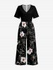 Hibiscus Flower Leaf Print V Neck Hawaii Wide Leg Jumpsuit -  