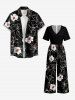 Hibiscus Flower Leaf Print V Neck Hawaii Wide Leg Jumpsuit -  