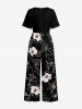 Hibiscus Flower Leaf Print V Neck Hawaii Wide Leg Jumpsuit -  