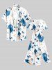 Leaf Flower Print Hawaii Split Pocket A Line Midi Dress - Paon Bleu 3X
