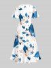 Leaf Flower Print Hawaii Split Pocket A Line Midi Dress - Paon Bleu 3X