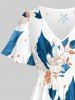 Leaf Flower Print Hawaii Split Pocket A Line Midi Dress - Paon Bleu 3X