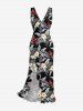 Tropical Leaf Hibiscus Flower Print Hawaii Ruffles Split Dress - Noir XXXL
