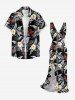 Tropical Leaf Hibiscus Flower Print Hawaii Ruffles Split Dress - Noir XXXL