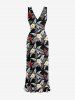 Tropical Leaf Hibiscus Flower Print Hawaii Ruffles Split Dress - Noir XXXL