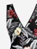 Tropical Leaf Hibiscus Flower Print Hawaii Ruffles Split Dress - Noir XXXL