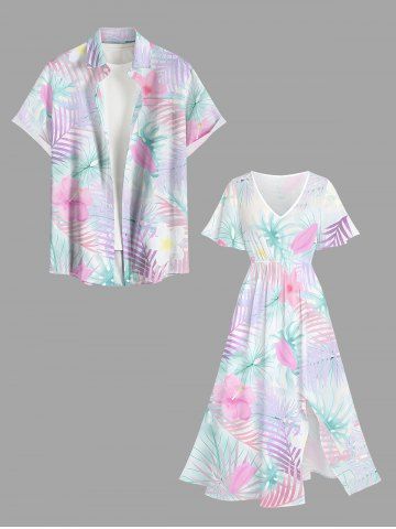 Ensemble de plage hawaïen assorti pour couples, imprimé feuilles tropicales et fleurs d'hibiscus, grandes tailles - LIGHT PURPLE