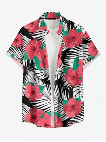 Plus Size Hibiscus Flower Leaf Print Buttons Pocket Hawaii Shirt For Men - RED - XL