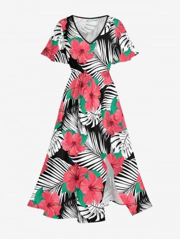 Plus Size Hibiscus Flower Leaf Print Split Hawaii Midi Dress - RED - XXS