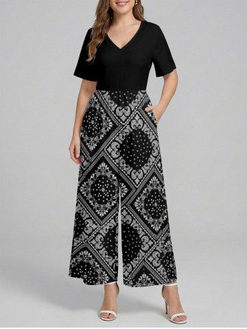 Plus Size Paisley Floral Scarf Print V Neck Hawaii Wide Leg Jumpsuit - BLACK - XS