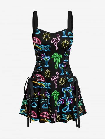 Glitter Neon Coconut Tree Flamingo Juice Print Hawaii Lace Up A Line Dress - BLACK - XS