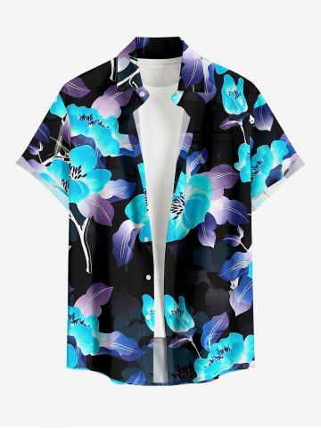 Plus Size Flower Leaf Print Hawaii Button Pocket Shirt For Men - BLUE - 5XL