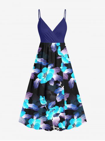 Plus Size Flower Leaf Print Hawaii Surplice A Line Cami Dress - LAKE BLUE - 5X