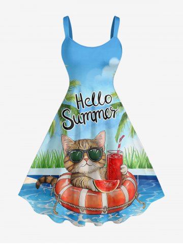 Plus Size Coconut Tree Cat Swimming Ring Letters Print Hawaii A Line Dress - SKY BLUE - XS